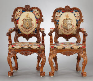 George IV Carved Oak Upholstered Armchairs, circa 1828