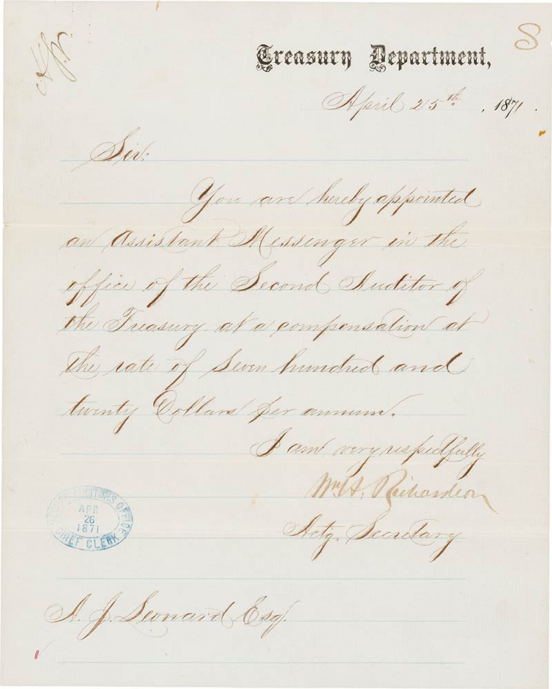 1871-Treasury-Department-Letter-from-Acting-Secretary-Wm.-Richardson-appointing-Leonard-as-an-assistant-Messenger