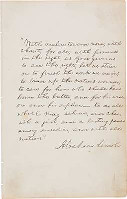 Abraham Lincoln Autograph Manuscript Signed, the Last Paragraph of His Second Inaugural Address, Circa March 1865