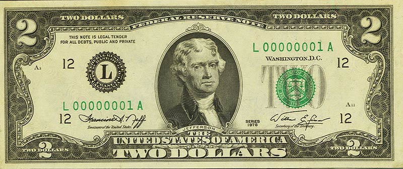 Serial Number 1 Fr. 1935 L $2 1976 Federal Reserve Note