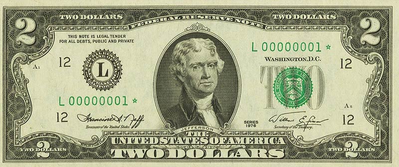 Serial Number 1 Fr. 1935-L* $2 1976 Federal Reserve Note 