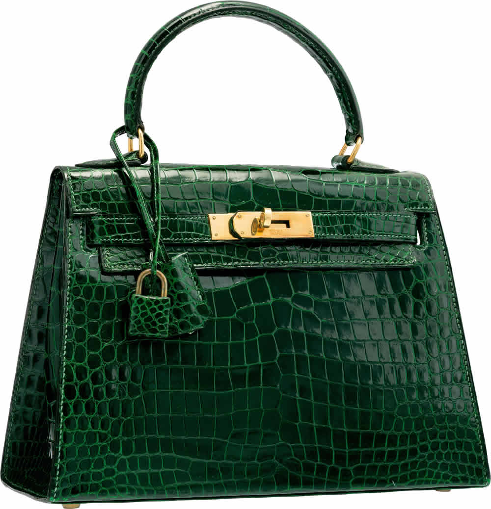 25cm Shiny Vert Emerald Crocodile Sellier Kelly Bag with Gold Hardware