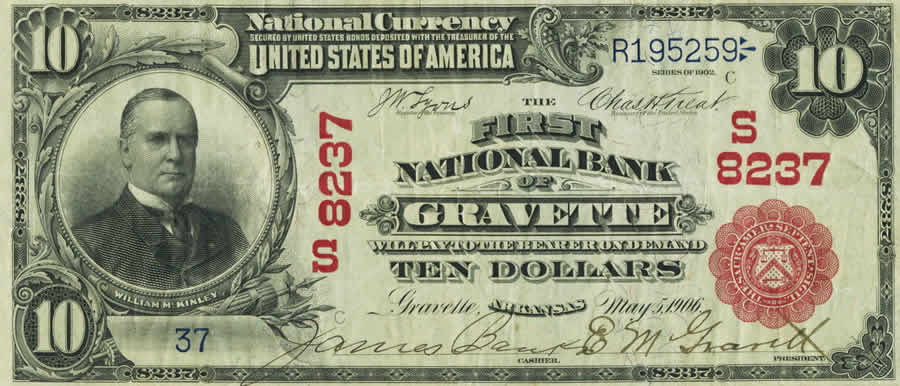 Gravette, Arkansas, First National Bank, Charter 8237, 1902 Red Seal $10 note