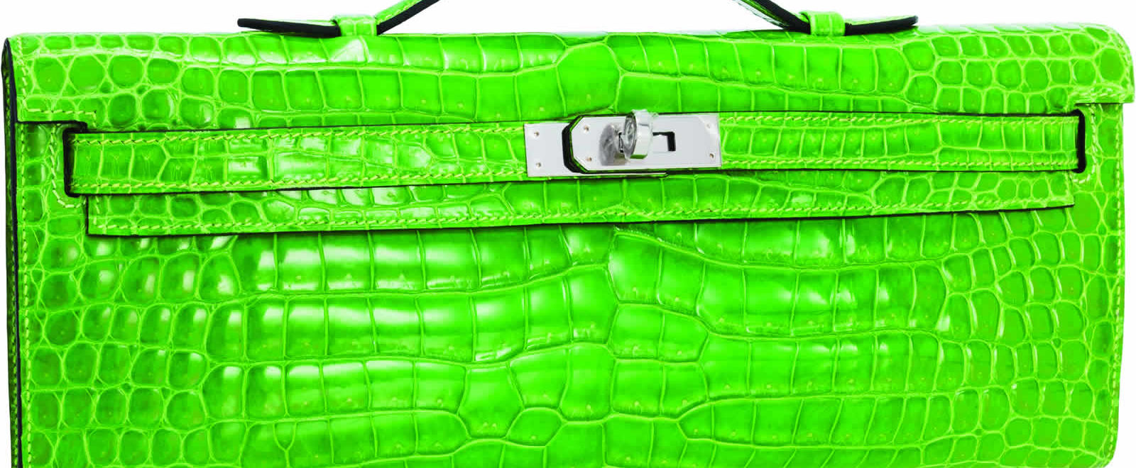 H-Hermes Shiny Kiwi Porosus Crocodile Kelly Cut Clutch Bag with Palladium Hardware