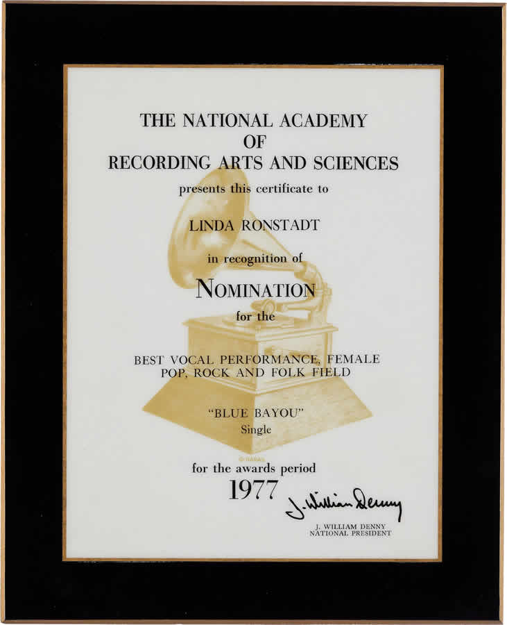 Linda Ronstadt -- A National Academy of Recording Arts and Sciences Nomination Plaque