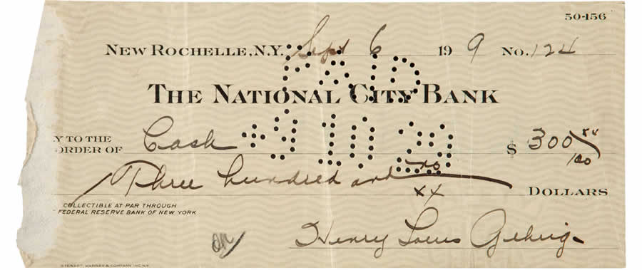 1929 Lou Gehrig Signed Check