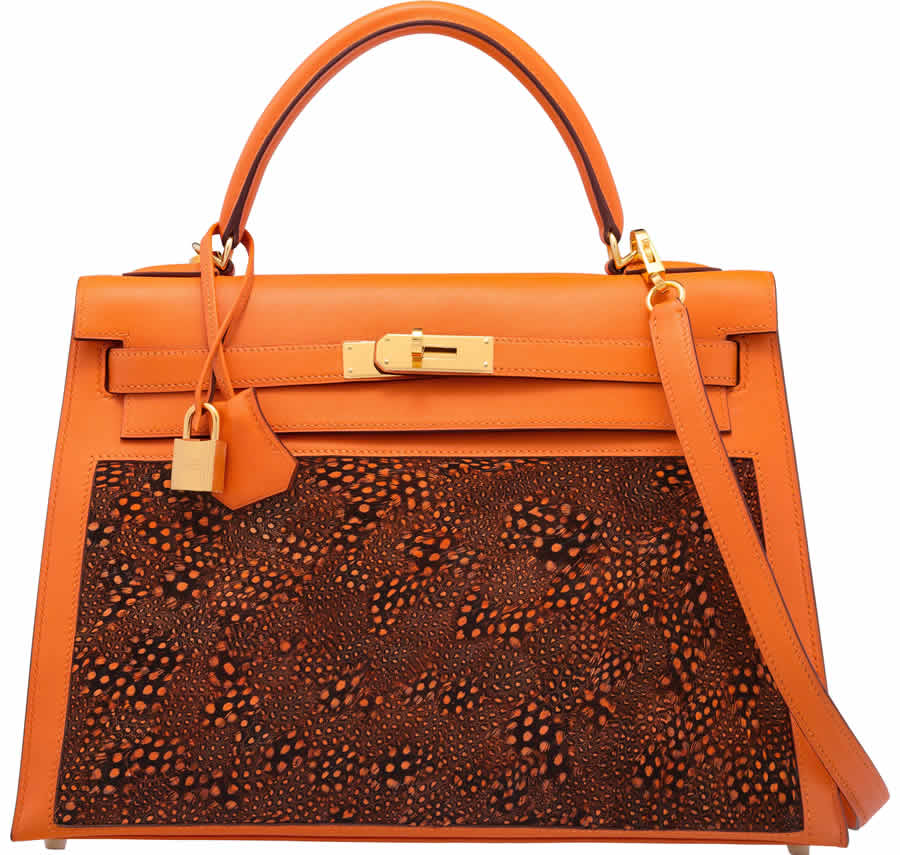 Hermès Special Order Horseshoe 32cm Orange H Evercolor Leather & Feather Sellier Kelly Bag with Gold Hardware