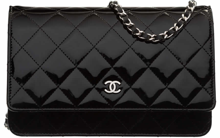 Chanel Black Quilted Patent Leather Wallet on Chain