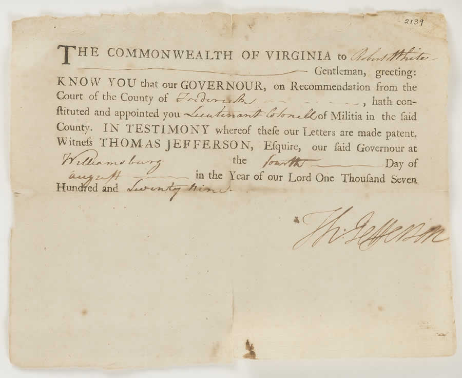 1779 Virginia Militia Document Signed by Thomas Jefferson as Governor