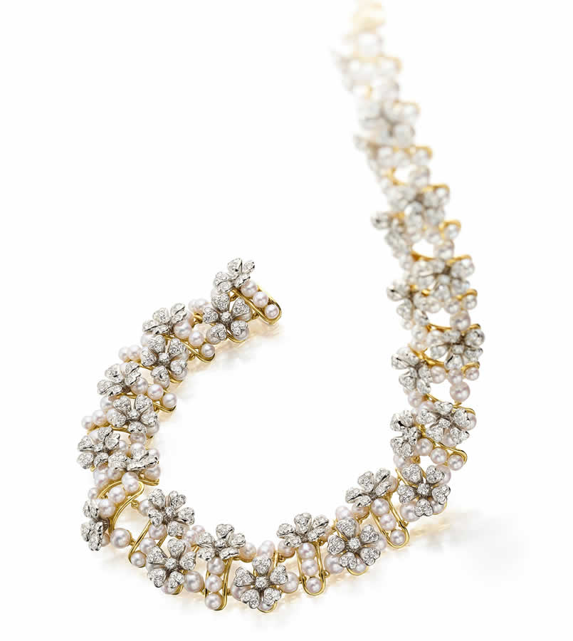 Diamond, Cultured Pearl, Platinum, 18k Gold Necklace