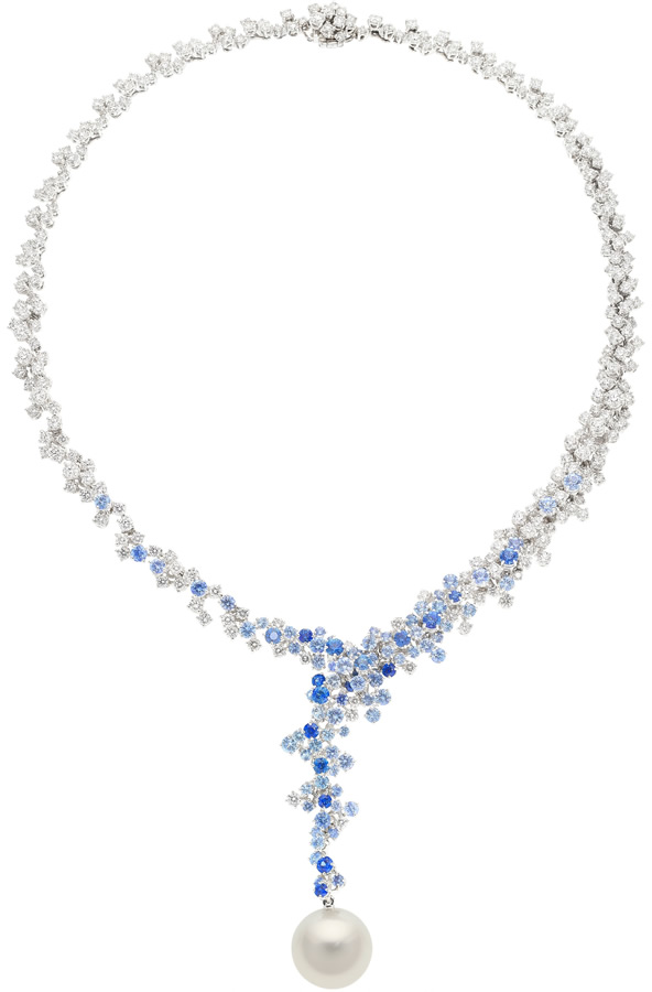 Diamond, Sapphire, South Sea Cultured Pearl, 18k White Gold Necklace