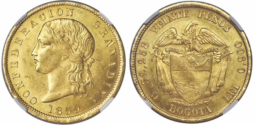 COLOMBIA, GRANADINE CONFEDERATION, GOLD 20 PESOS, 1859-BOGOTA