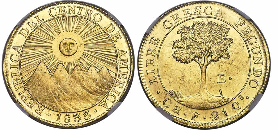 COSTA RICA, CENTRAL AMERICAN REPUBLIC, GOLD 8 ESCUDOS, 1833 CR-F