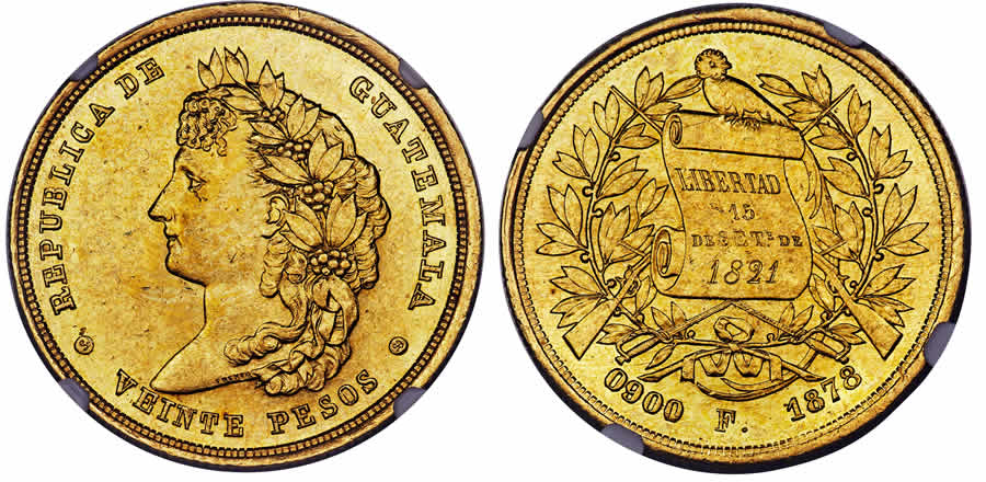 GUATEMALA, REPUBLIC GOLD 20 PESOS, 1878-F