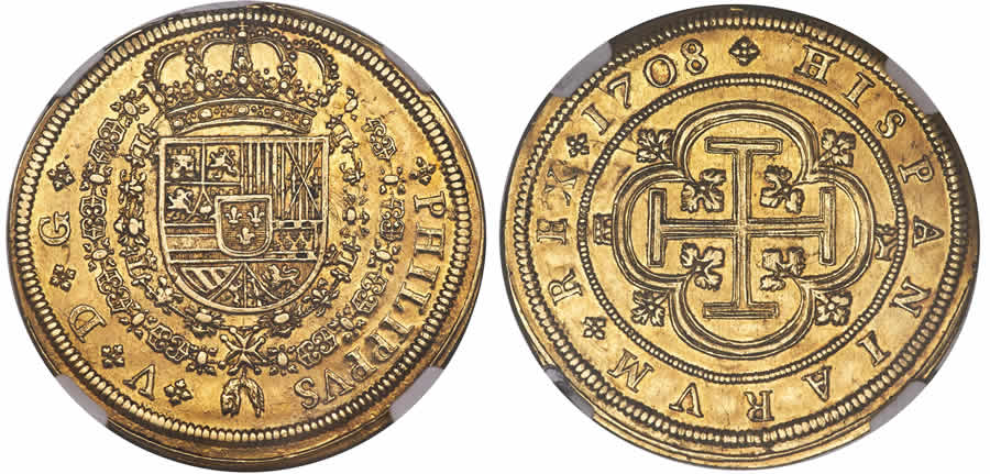 SPAIN, PHILIP V GOLD 8 ESCUDOS, 1708 (AQUEDUCT)-Y