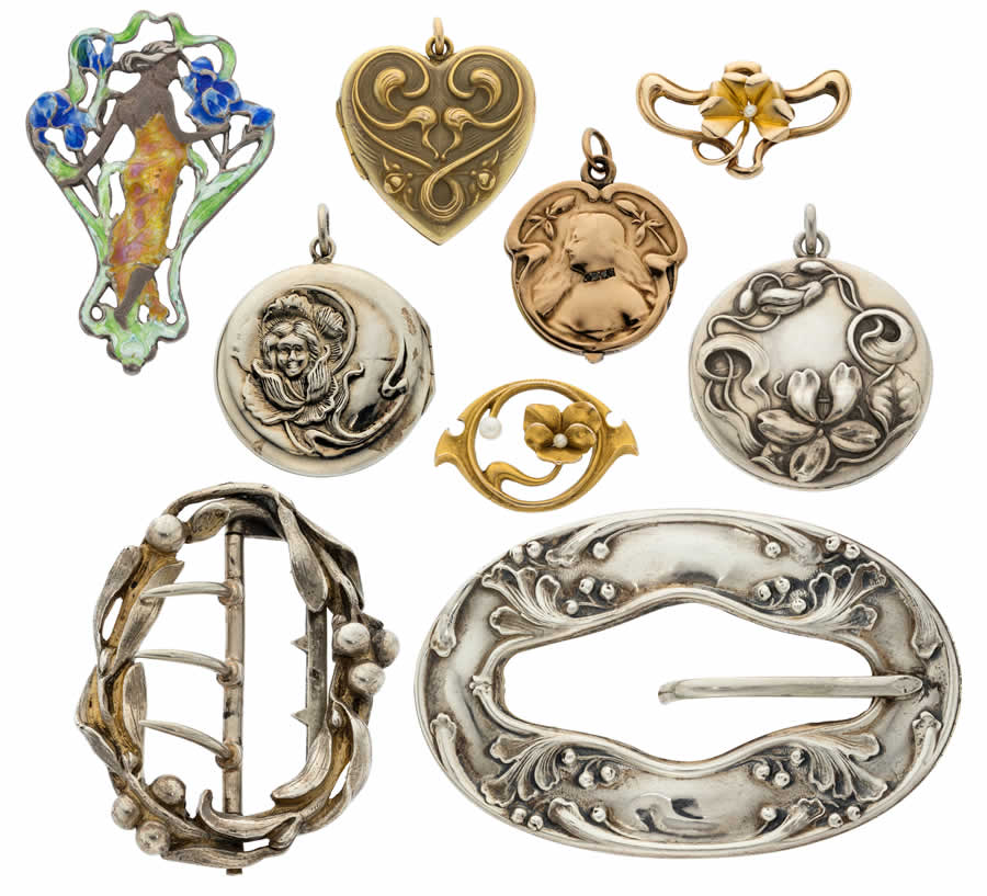 Art Nouveau Diamond, Seed Pearl, Enamel, Gold, Silver Jewelry