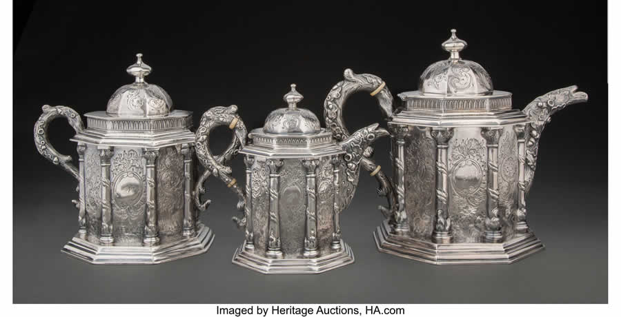 A Three-Piece Stebbins & Co. Temple-Form Silver Tea Set, New York, circa 1850