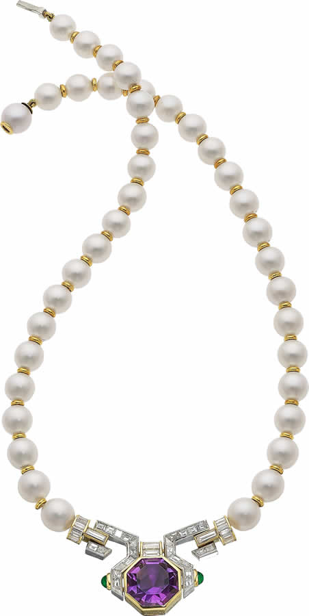A cultured pearl, amethyst, diamond and emerald necklace, Bulgari, 1990's