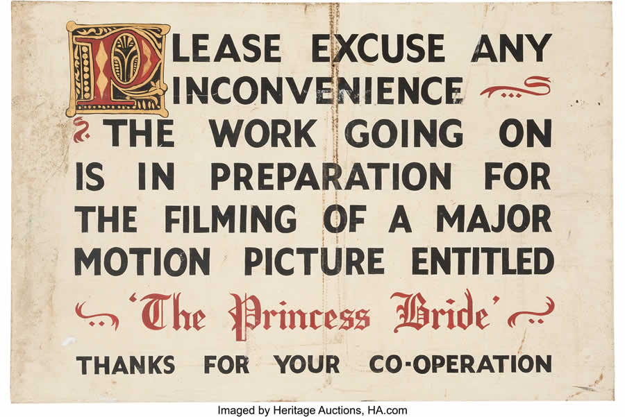 The Princess Bride Production Sign. Circa 1987