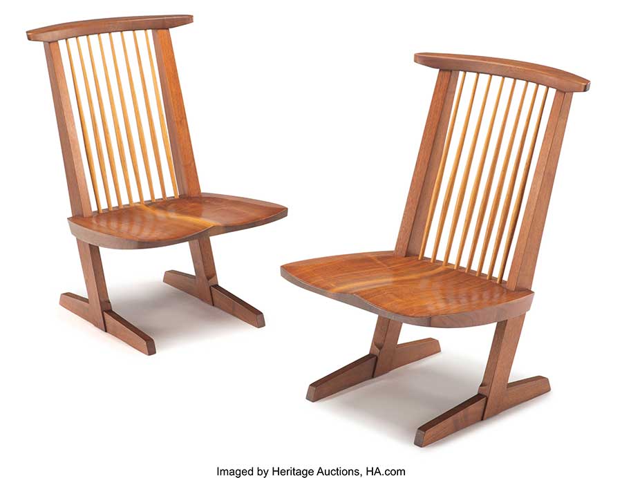 George Nakashima (American, 1905-1990). Pair of Conoid Lounge Chairs, 1990. Sap walnut
