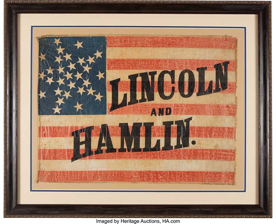 Abraham Lincoln - 1860 Oversized Lincoln and Hamlin Campaign Flag With Family Provenance