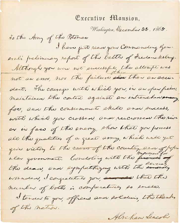 Abraham Lincoln The President writes to the Army of the Potomac after the Union Defeat at the Battle of Fredericksburg