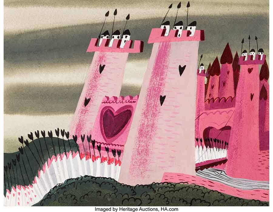 Mary Blair Alice in Wonderland Queen of Hearts Castle Concept Color Key Painting (Walt Disney, 1951)