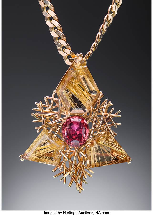 Pink Tourmaline, Rutilated Quartz, Gold Necklace