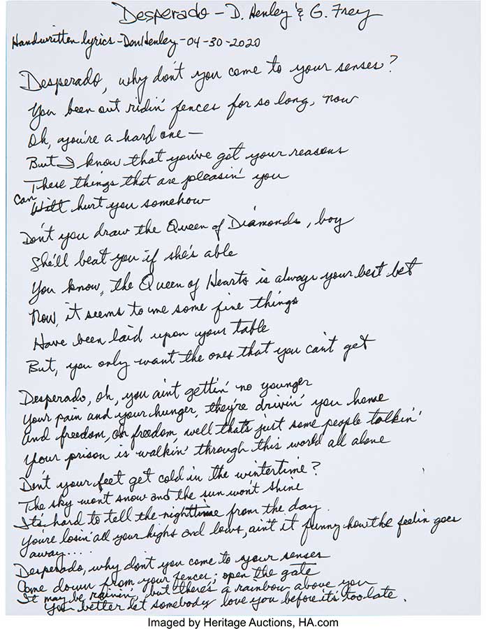 Don Henley Handwritten 'Desperado' Lyrics