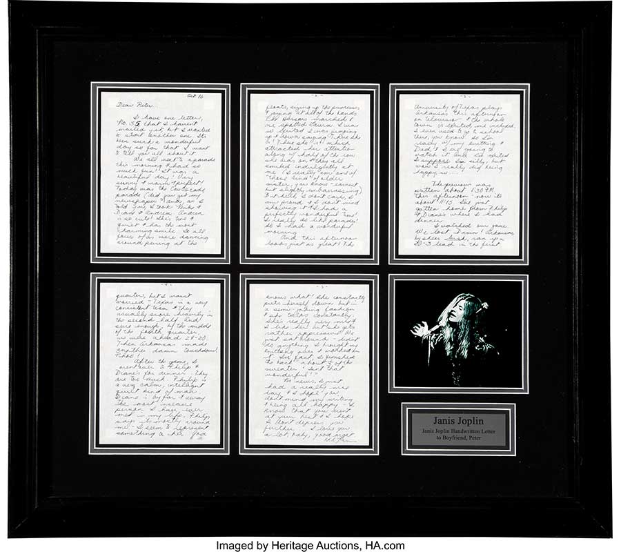 Janis Joplin Handwritten and Signed Five-Page Letter to Boyfriend Held in Matte and Frame