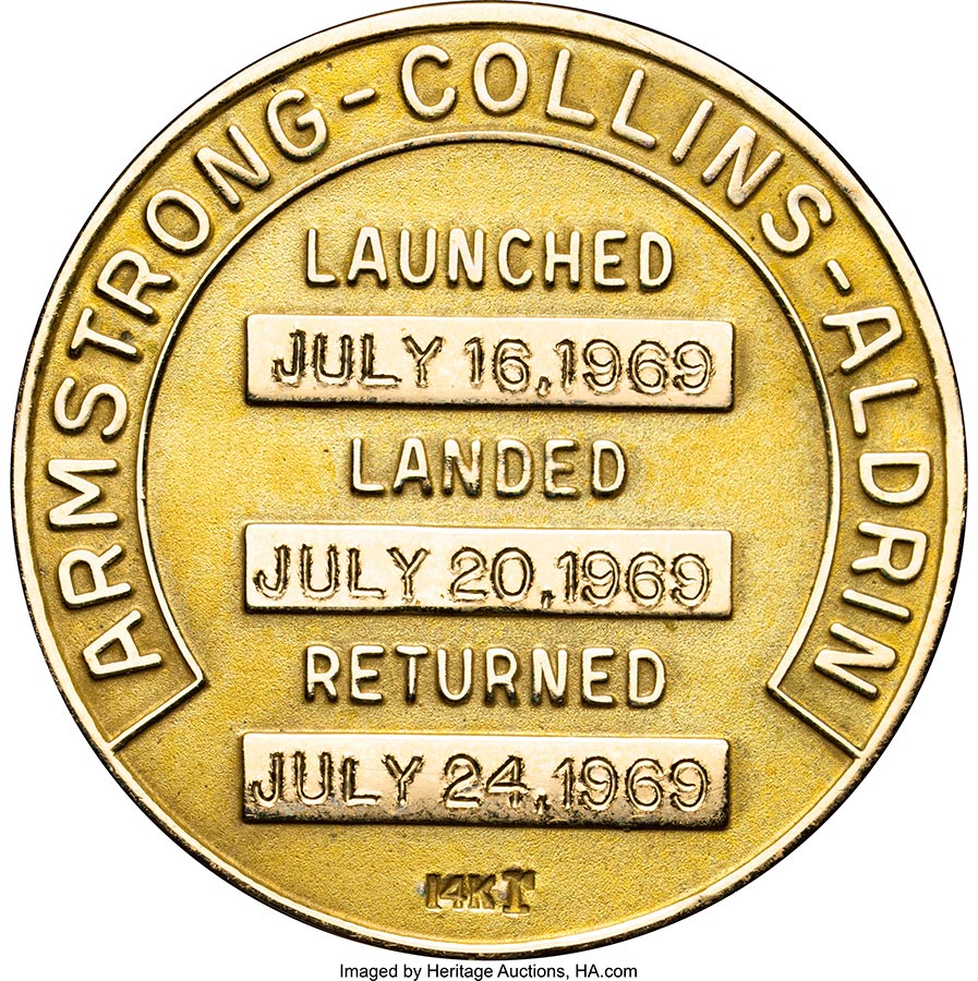 Neil Armstrong's One and Only Apollo 11 Lunar Module Flown MS67 NGC 14K Gold Robbins Medal Directly From The Armstrong Family Collection™, CAG Certified. - Obverse