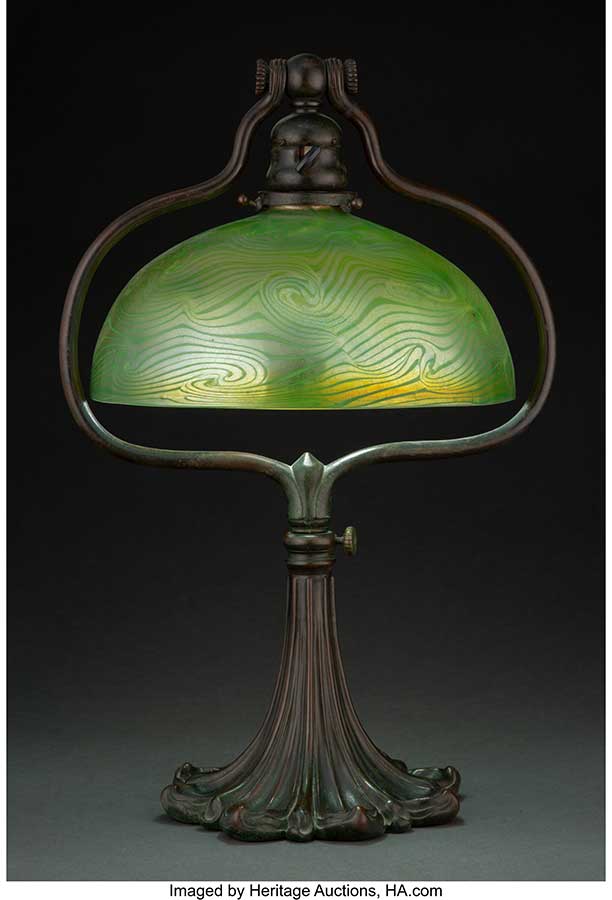 Tiffany Studios Decorated Favrile Glass and Patinated Bronze Harp Lamp, circa 1910