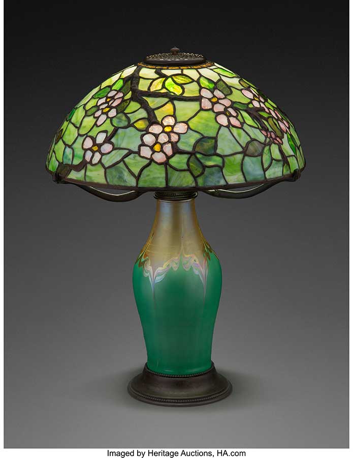 Tiffany Studios Leaded Glass, Favrile Glass, and Bronze Raised Branch Apple Blossom Table Lamp, circa 1910