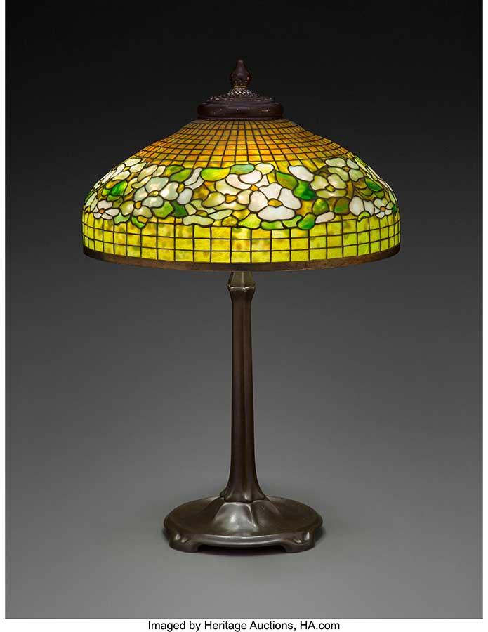 Tiffany Studios Leaded Glass and Patinated Bronze Banded Dogwood Table Lamp, circa 1910