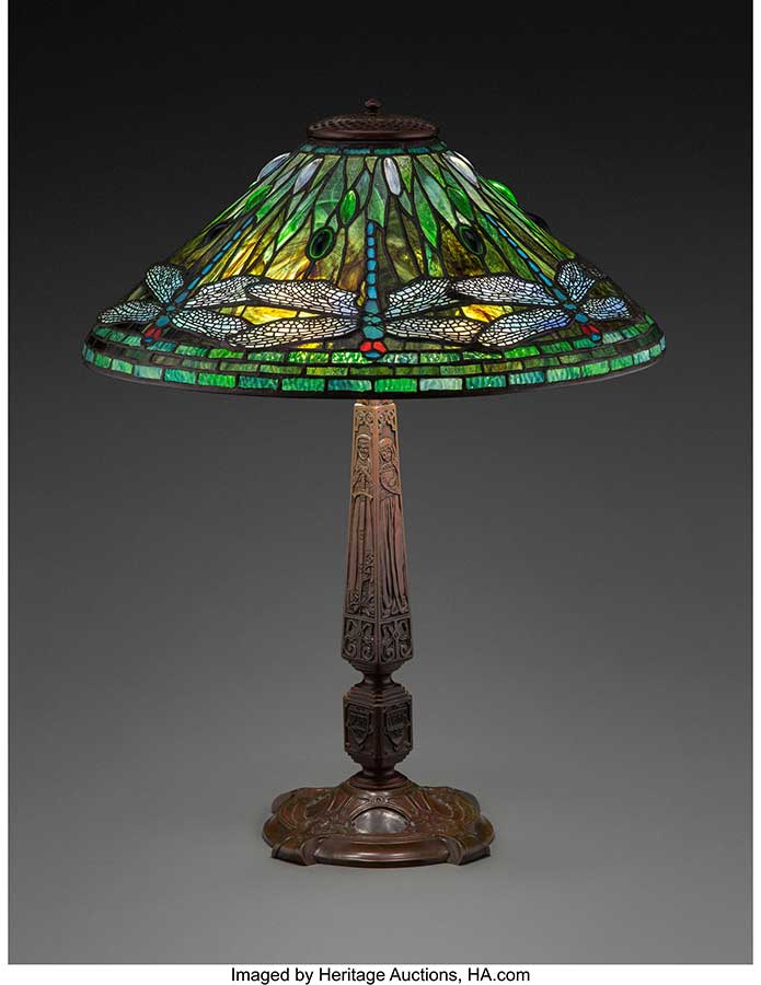 Tiffany Studios Leaded Glass and Patinated Bronze Dragonfly Table Lamp, circa 1910