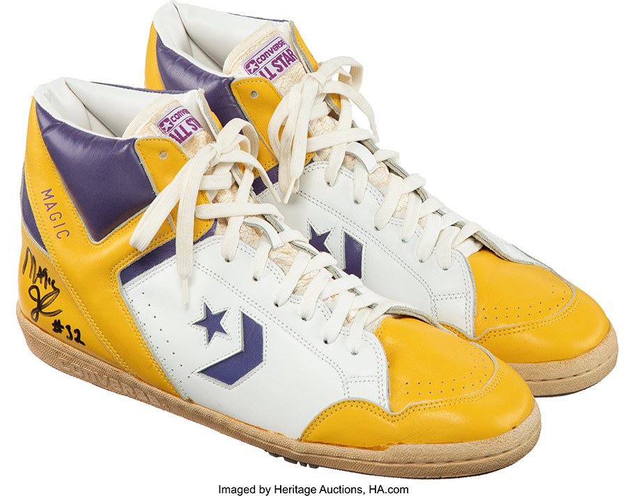 Circa 1987 Magic Johnson Game Issued Signed Los Angeles Lakers Sneakers from The Ronnie Lott Collection