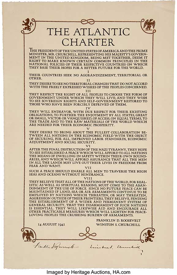 Franklin D. Roosevelt and Winston Churchill. Historic extra-illustrated broadside of The Atlantic Charter signed ('Franklin D. Roosevelt' and 'Winston S. Churchill')
