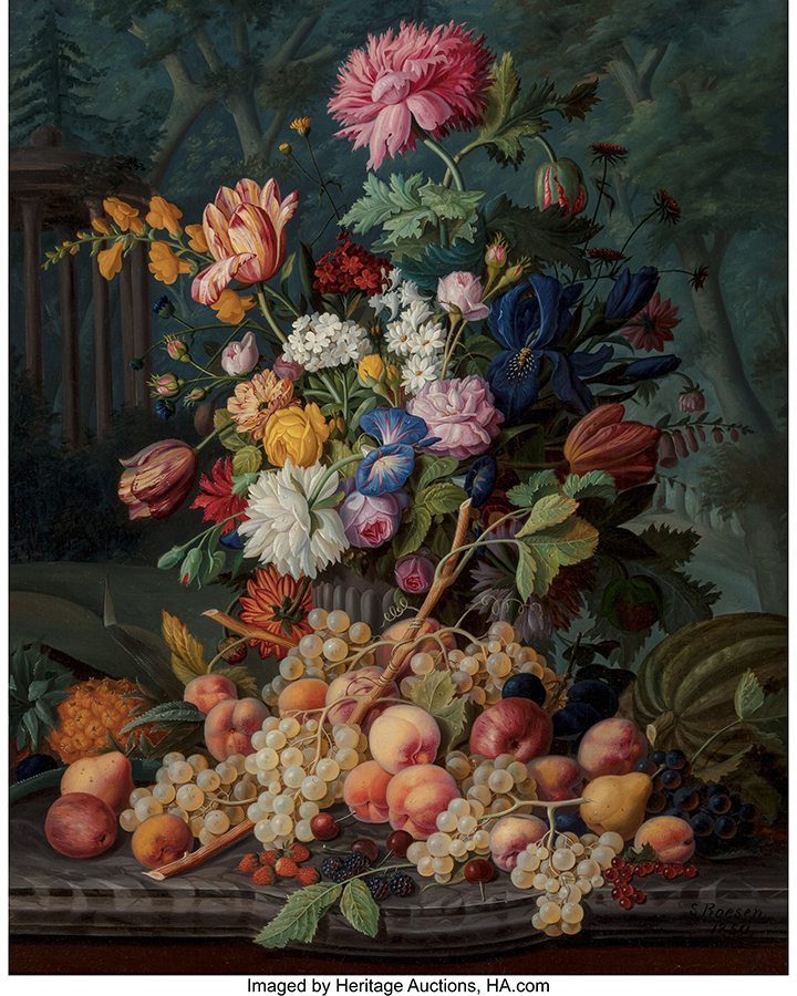Severin Roesen (American, 1805-1882). Still Life with Fruit and Flowers in a Landscape, 1850