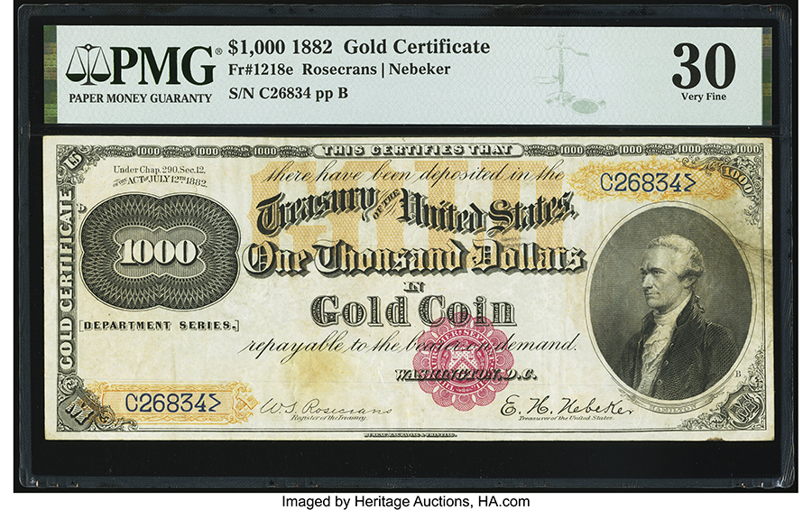 Fr. 1218e $1,000 1882 Gold Certificate PMG Very Fine 30