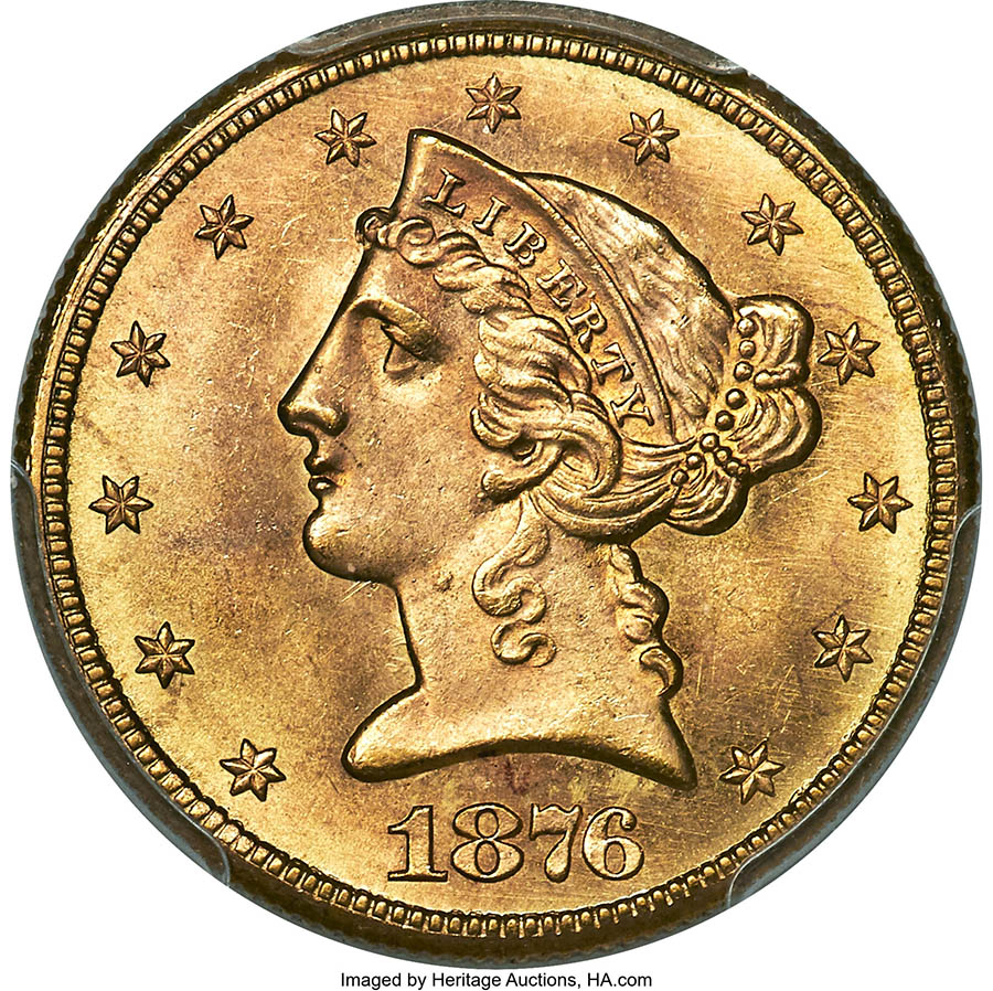 1876-CC $5 MS66 PCGS. CAC. Variety 1-A