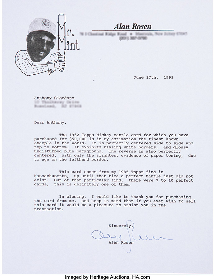 1952 Topps Mickey Mantle #311 SGC Mint+ 9.5 - 1985 Rosen Find - Letter
