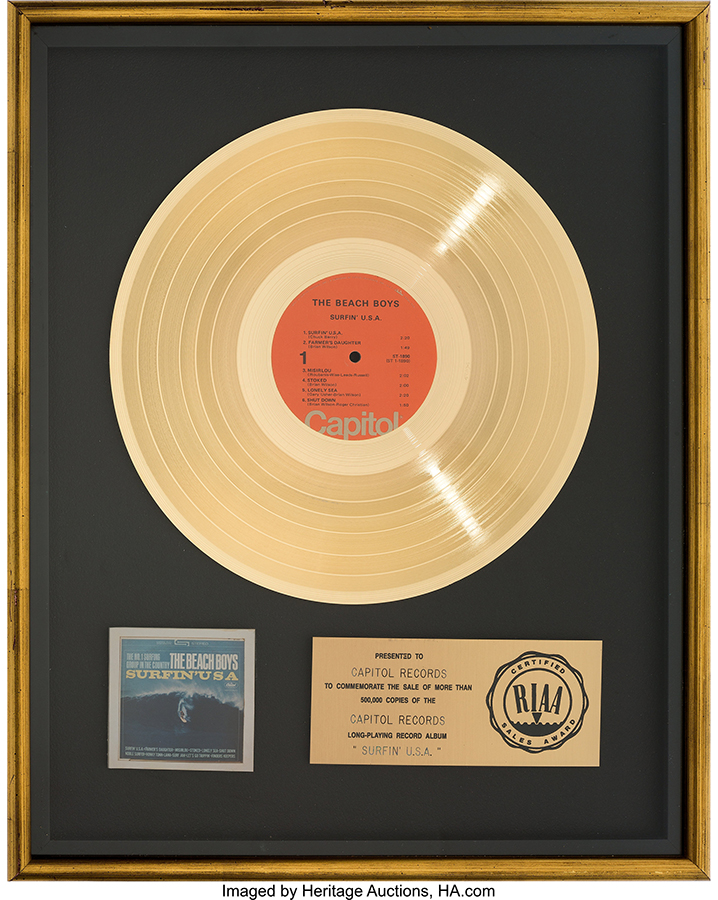 Beach Boys Surfin' U.S.A. RIAA Gold Record Award (Capitol ST-1890, 1963)