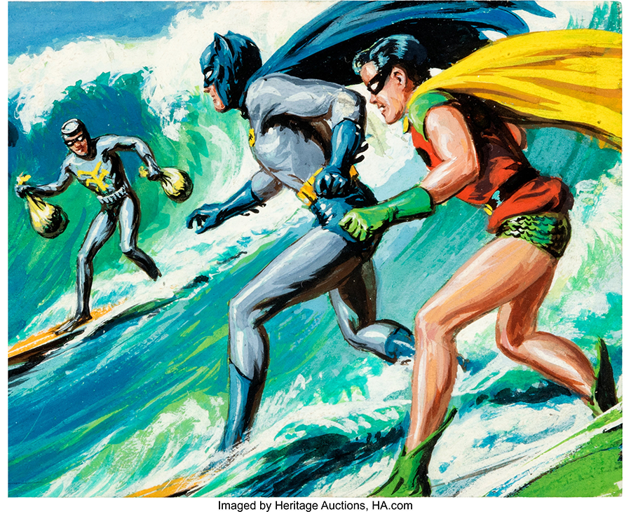 Bob Powell and Norman Saunders Batman Series 2 (Red Bat) No.20A 'Surfing Sleuths' Trading Card Painting Original Art (Topps, 1966)