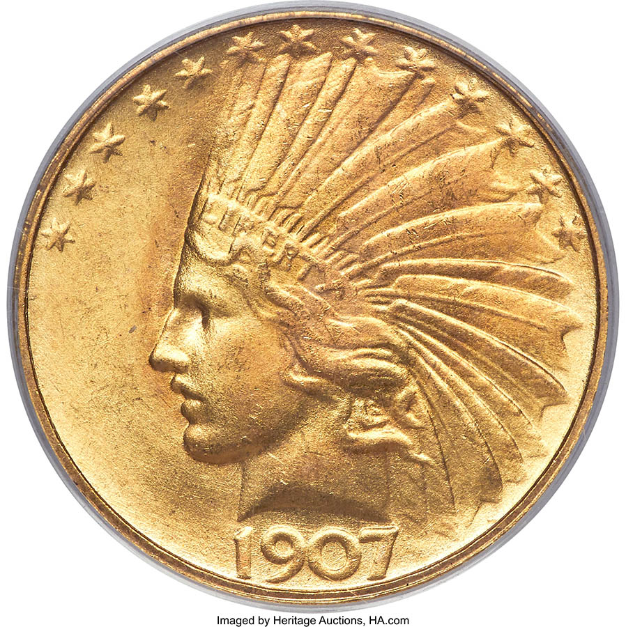 The 1907 Rolled Rim Indian eagle is a classic rarity in the series and examples are prized by pattern collectors and series