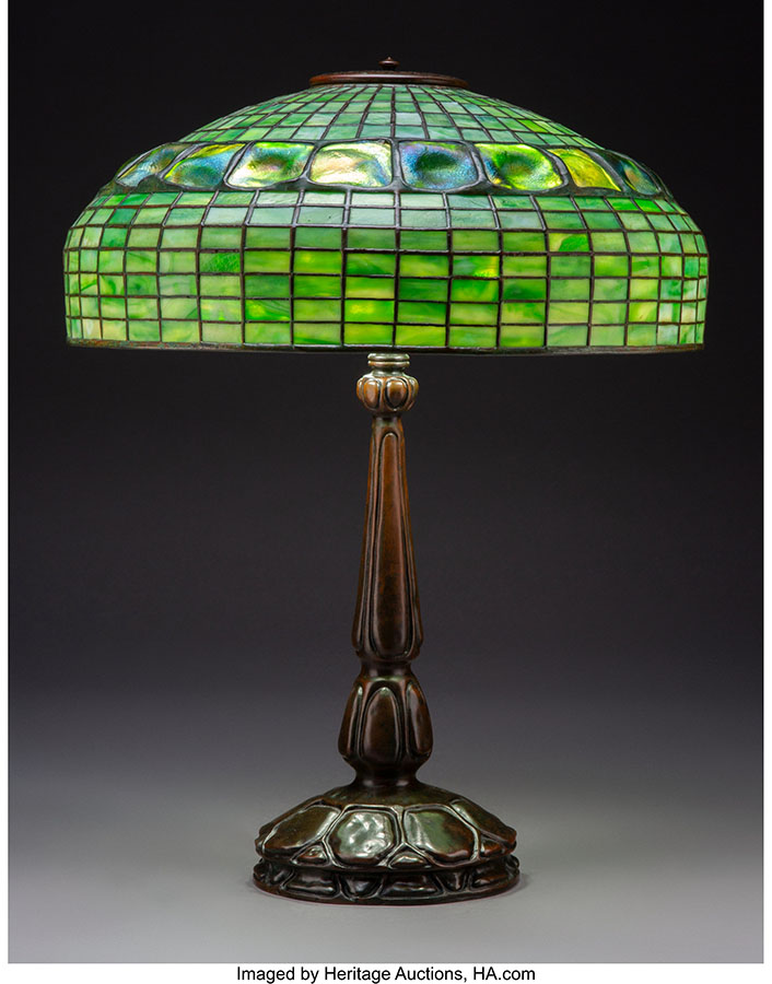 Tiffany Studios Leaded Glass and Bronze Turtleback Table Lamp, circa 1907.