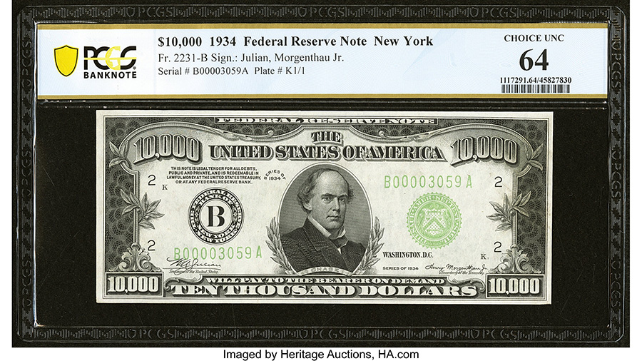 Fr. 2231-B $10,000 1934 Federal Reserve Note. PCGS Banknote Choice Unc 64