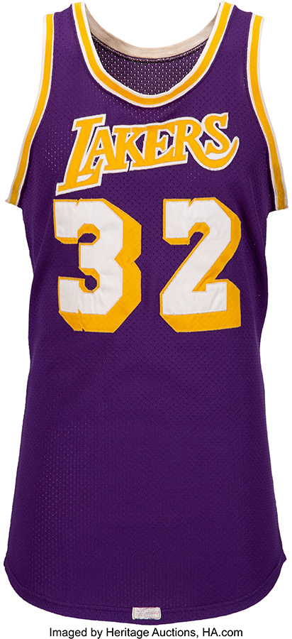 1980 Earvin Magic Johnson NBA Finals Clinching Game Six Worn & Signed Los Angeles Lakers Jersey with Multiple Years' Subsequent Wear