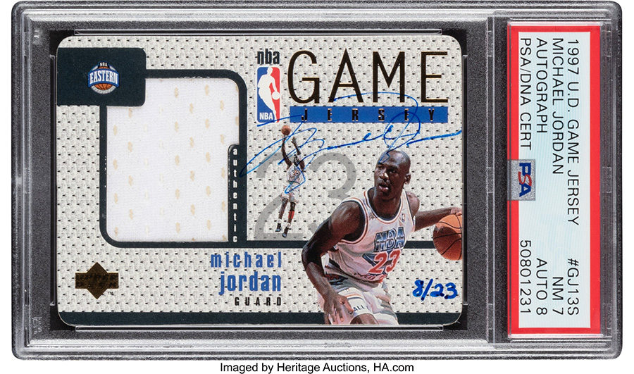 1997 Upper Deck Game Jersey Michael Jordan (Autograph) GJ13S PSA NM 7, Auto 8 - -'d 8-23