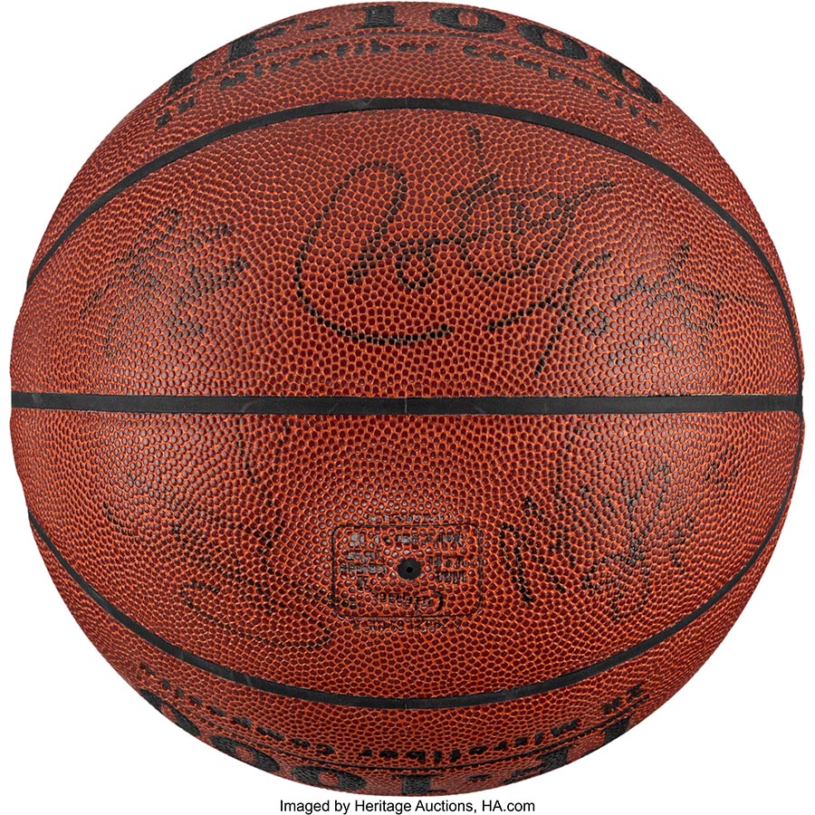2010 President Barack Obama, Kobe Bryant, LeBron James, Magic Johnson & Carmelo Anthony Multi-Signed Basketball -- Attributed to his 49th Birthday Pick-Up Game