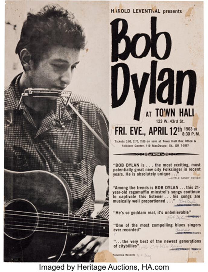 Bob Dylan 1963 Town Hall, NY Autographed & Doodled Concert Poster
